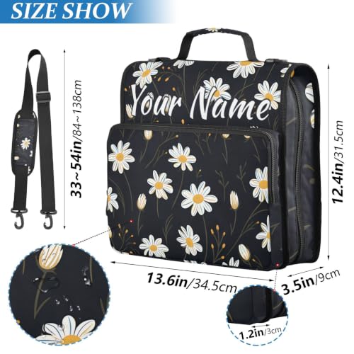 Image of Custom 3 Ring Zipper Binder White Daisy Flower Black Personalized Name 1.5 Inch Binders Large Capacity Multi Pockets for School Office Supplies