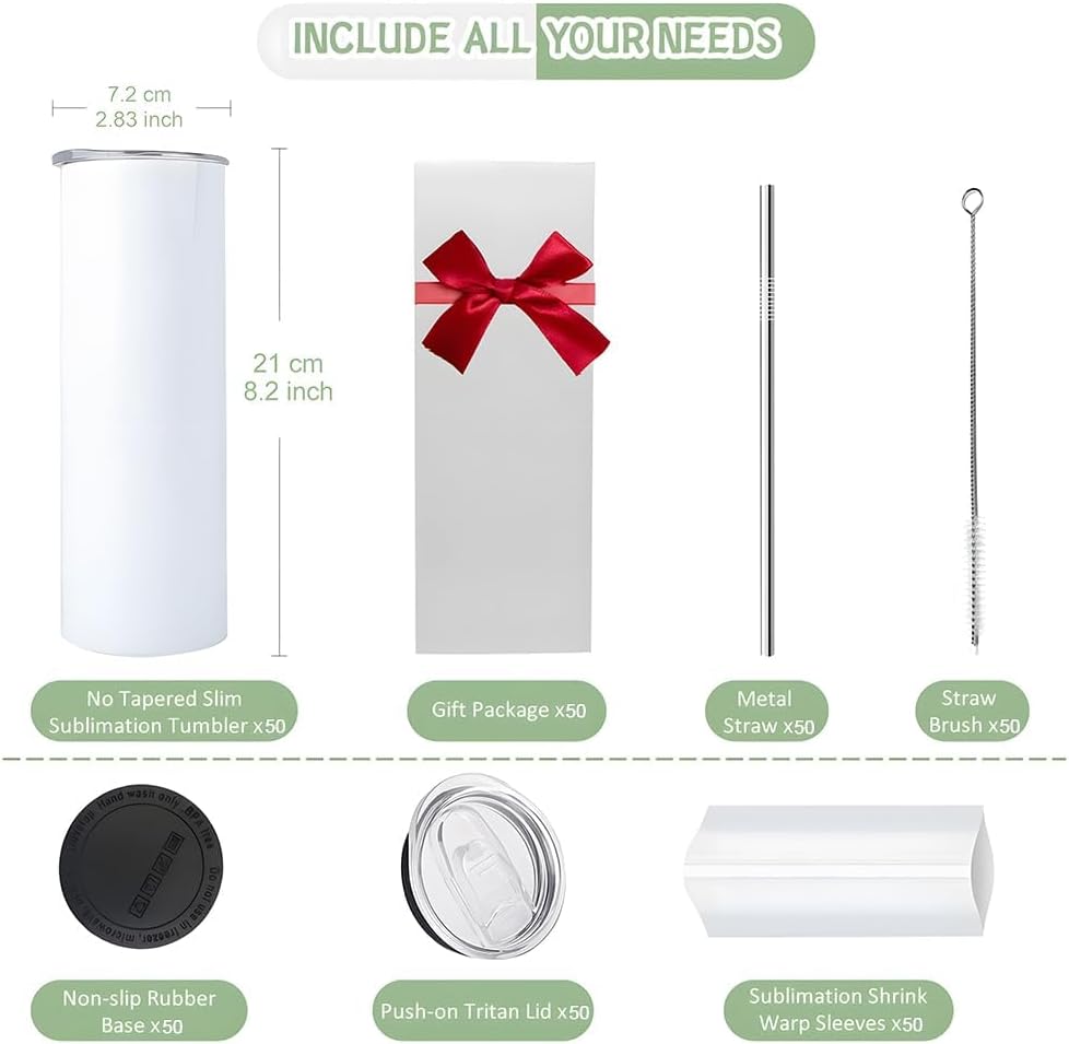 50 Pack 20oz Sublimation Tumbler Blanks (Skinny Straight) in Bulk