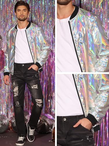 Image of Lars Amadeus Metallic Varsity Silver Holographic Jacket for Men's Zip Up Long Sleeves Shiny Silver Bomber Jacket Large