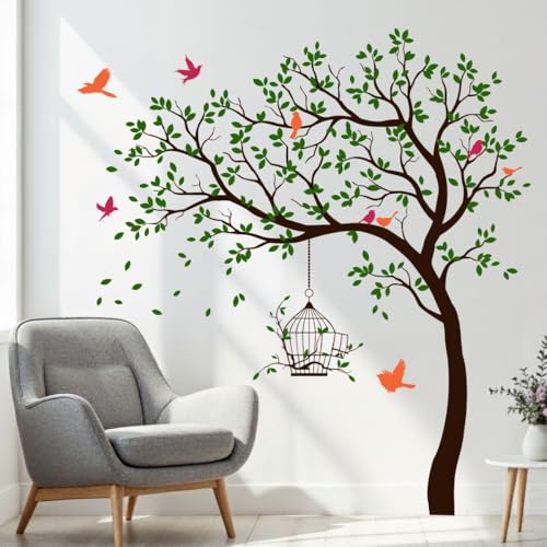 Image of Rawpockets Tree with Birds and Cage Self Adhesive Wall Sticker (Dark Green)-Vinyl