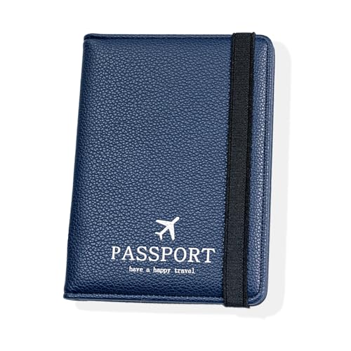 GANILITY Suporte para passaporte com aba RFID de pele sintética, organizador de passaporte portátil para cartões de crédito, cartões de identificação e documentos de viagem, azul, Minimalista