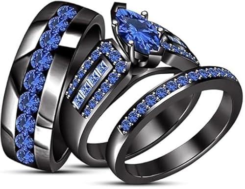 14K Black Gold Over Marquise Cut Blue Sapphire 925 Sterling Silver Wedding Band Engagement Promise Trio Ring Set for His & Her (4.5)