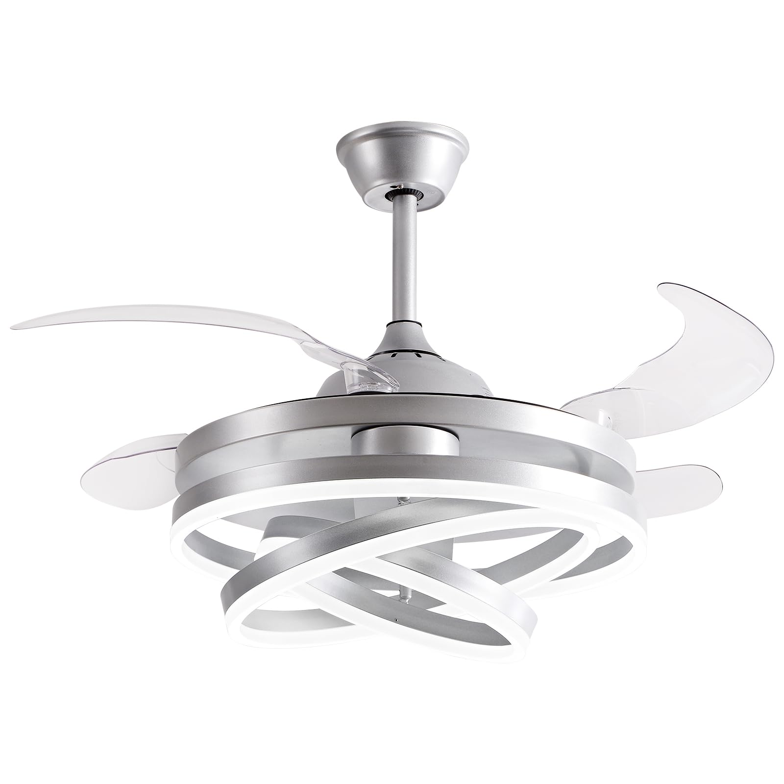 Panghuhu88 42" Invisible Ceiling Fan Chandelier Light,Modern DIY Ceiling Fan Light Remote Control 4 Retractable ABS Blades for Bedroom Living Dining Room Decoration (Silver)