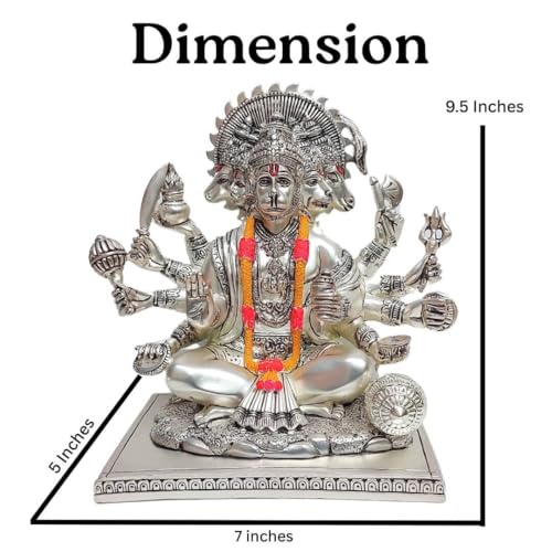 Image of Gold Art India Silver Plated Matte Panchmukhi Hanuman Idol | Bajrang Bali Murti for Mandir | with Enamel Work Showpiece Figurine for Home Temple, Gifting(23L x 18W x 23H cm) (SILVERMATTE)