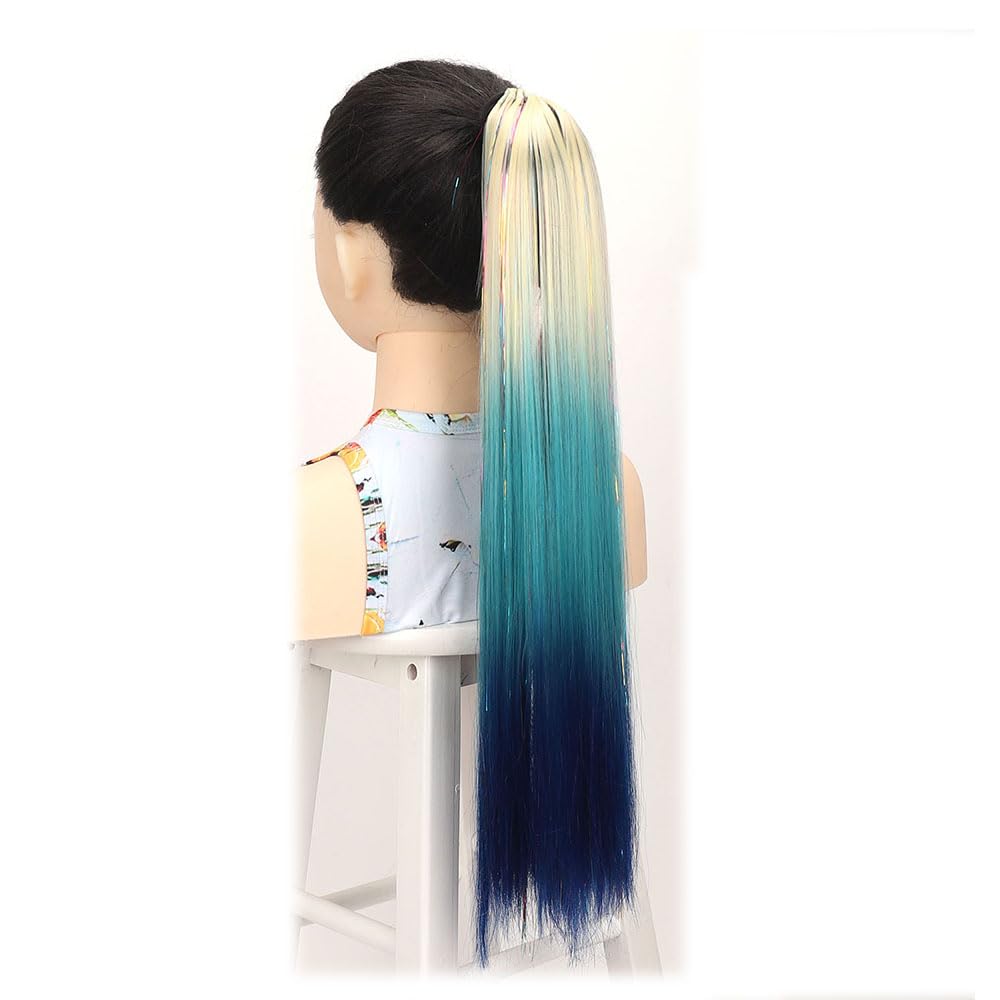 Coloured Ponytail hair Extension with Hair Tie Glitter Tinsel Hair Extension for braiding Natural Soft Pony tail Synthetic Hairpiece for Girl Women Cosplay party (blonde Lake Blue Blue)