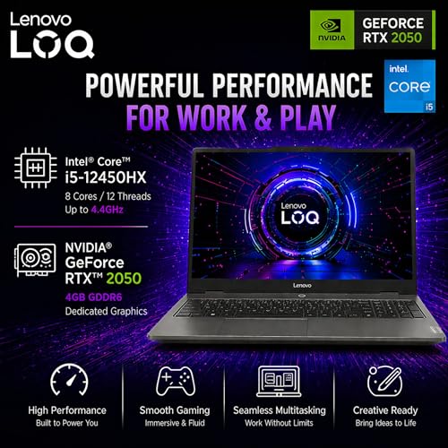 Image of Lenovo LOQ Essential Gaming Laptop, 15.6 inch FHD 144Hz Display, 8-core Intel Core i5-12450HX, 32GB DDR5, 1TB PCIe SSD, GeForce RTX 2050, HDMI, Wi-Fi 6, RJ-45, Card Reader, Windows 11, Non-Backlit
