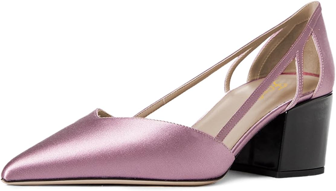 FOWT Women Pointed Toe Block Low Heel Solid Satin Pumps Slip on Trendy Daily Commuting Casual Shoes Size 4-16 US