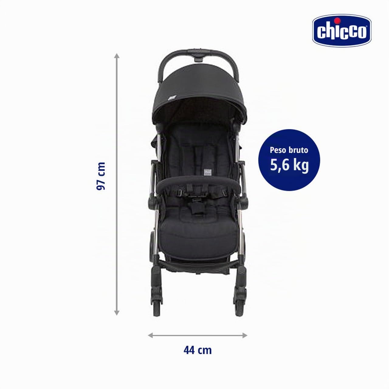Chicco Silla Paseo Bebé Cheerio, Cochecito 0 Meses a 15 kg Ligero, Compacto, Plegable, Reclinable con Posición para Dormir, Cierre Automático en 1 Movimiento, Capota para Lluvia, Color Negro, 1 Unidad