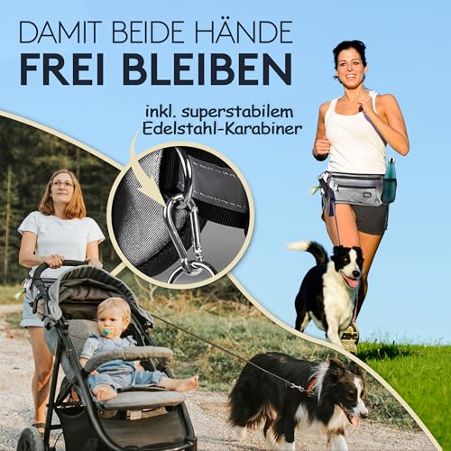 PAWZONE Futterbeutel Hunde - Leckerlibeutel für Hunde - Bauchtasche für Hunde Zubehör - Leckerlitasche für Hunde - Inkl. Reflektorband & Zusatzgurt für Flexileine (Silbergrau)