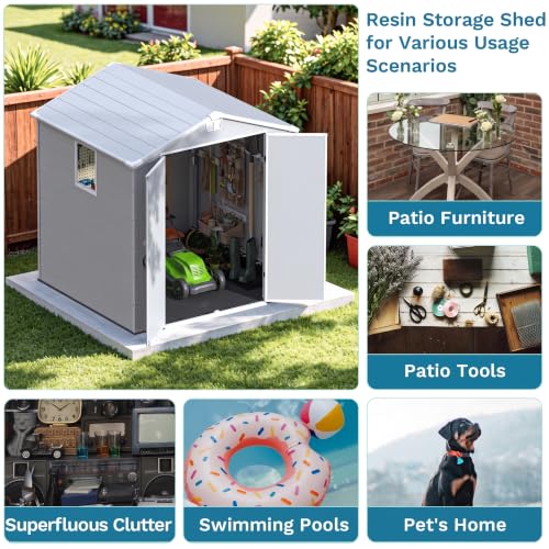 Image of Devoko 6x6 FT Resin Shed with Floor, Outdoor Plastic Storage Sheds with Windows, Waterproof Utility Tool Garden Shed with Lockable Door for Backyard Patio Lawn, Light Gray