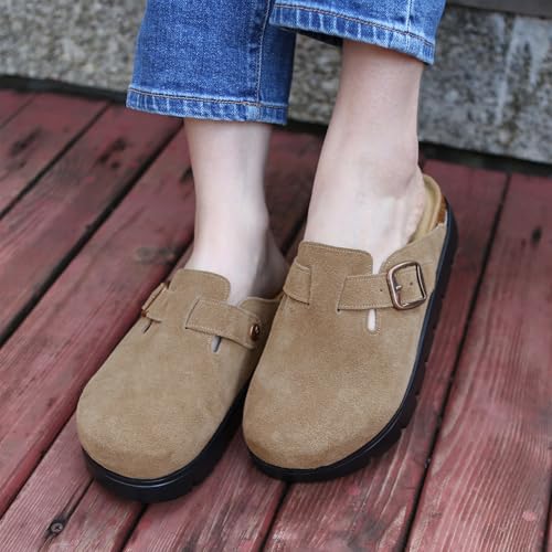 Image of Women's Suede Platform Clogs Leather Mules Slip On Indoor Outdoor Shoes | Arch Support, Cork Footbed, Adjustable Buckle,Water Resistant Upper,All Day Comfort