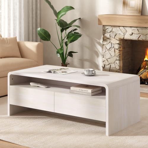 Image of AMERLIFE 39.4 inch Wood Coffee Table with Storage & Rounded Edges