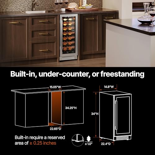 Image of Ca'Lefort 15 Inch Wine Fridge, 33 Bottles Under Counter Wine Cooler | 40-65F Touch Control, Dual-Pane Glass Door, Adjustable Shelves, 3 Color LED, Built-In or Under Counter for Home Bar Kitchen