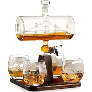 Whiskey Decanter with Antique Ship - The Wine Savant Ship Decanter Set with 4 Globe Glasses Drink Dispenser for Wine