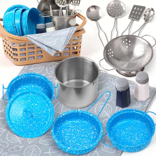 Veitch fairytales Dinette Enfant Ustensile et Accessoire Cuisine Enfant Jouet Ensemble de Casserole en Métal Coloré Cadeau 3 4 5 6 7 8 Ans (Nouveau Bleu)