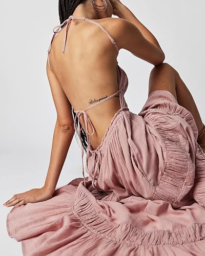 Image of VIUTIL Flowy Maxi Dress for Women Summer Cotton Backless Beach Long Dress with Pockets 2026