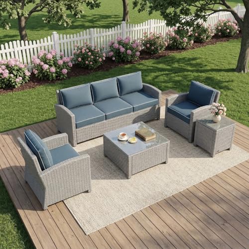 Image of DEVOKO Patio Furniture Set, Outdoor Sectional Sofa HDPE Wicker Conversation Set Outside Couch with Center Table and Side Table for Porch, Lawn, Garden, Backyard (Silver and Navy Blue)
