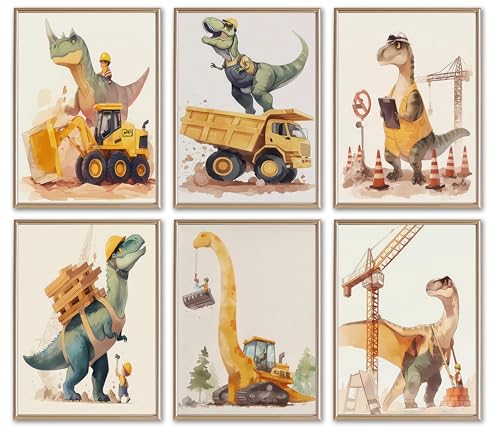 6 Pcs Dinosaur Nursery Wall Art Construction Trucks and T-Rex Canvas Wall Decor Dinosaur Truck Pictures Painting Nursery Poster Children Artwork Prints for Boy Bedroom Playroom Decorations Unframed