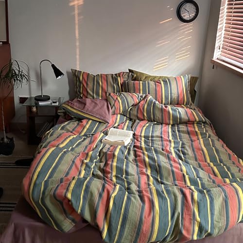 Image of MKXI Vintage Striped Duvet Cover Set Full Size- 3 Piece 100% Cotton Bedding Set Multicolor Stripes, Soft & Breathable, All-Season Comforter Cover with Zipper Closure