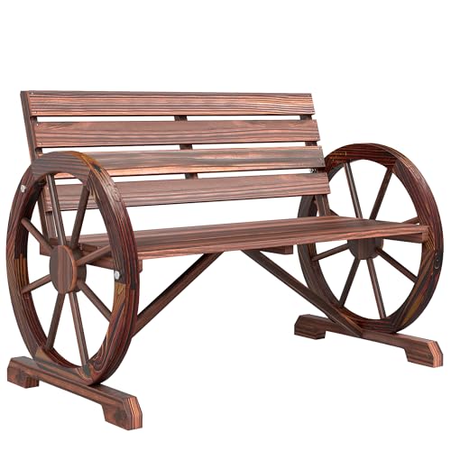 Outsunny 41' Wooden Wagon Wheel Bench, Rustic Outdoor Patio Weather...