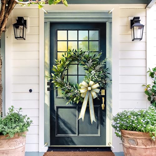 Image of Green Leaf Ring White Flower Cream Bow Door Cover 35x71in