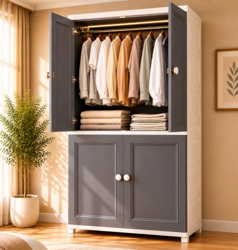 Image of Kids Plastic Wardrobe for Clothes Storage | Baby Cupboard & Almirah with Hanging Rod & Shelves | Portable Collapsible Storage Cabinet for Bedroom | Cartoon Kids Wardrobe