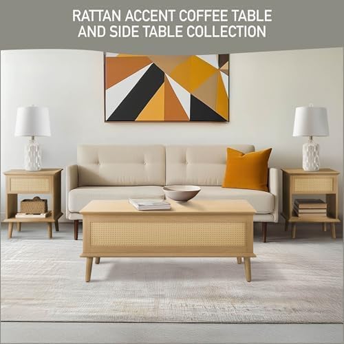 Image of Ink+Ivy End Table with Handwoven Rattan Design, Night Stand with Storage Drawers and Shelves, Equipped with Charging Function and LED Light, Solid Wood Material, for Bedroom, Small Space