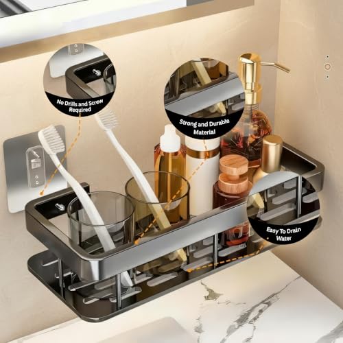 Image of amazon basics Self Adhesive Bathroom Shelf for Wall, Bathroom Organiser Without Drill, Rust Resistant Wall Mounted Bathroom Rack for Shampoo, Soap & Toiletries, Black, Pack of 1