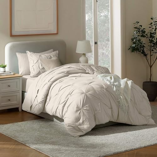 Nestl 7 Piece Twin Comforter Set – Beige Pinch Pleated Bed in a Bag – Complete Twin Size Bedding Set with Sheets, Set of 2 Cooling Pillows, Pillowcase and Sham