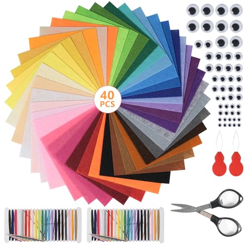 Annickee 40 Farben Bastelfilz, 15 x 15cm Filzstoff, Felt Fabric Filzplatten mit Bunter Stickgarn, Schere und Falsche Augen, Farbig Filz Blätter zum DIY Handwerk Nähen Projekte Manual Decoration