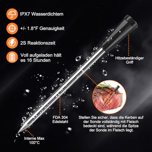 INSMART Fleischthermometer Kabellos, Grillthermometer Bluetooth 100m, IPX7 Wasserdicht Bratenthermometer mit Smarte APP, Meat Thermometer Kochen für Backofen Grill Smoker... – Bild 6