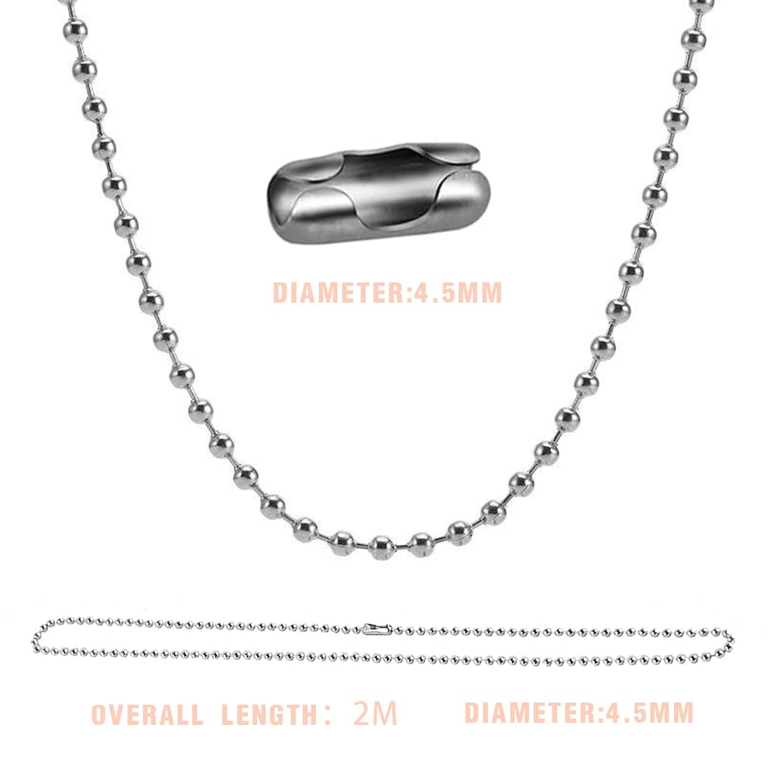 Chaîne à Billes Acier Inoxydable 6m - Perles 4.5mm, 20 Connecteurs, Pour Bijoux Et DIY
