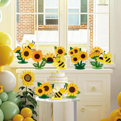 Image of 18PCS Sunflower Party Decorations Bee Party Decorations Yellow Honey Bee Felt Table Centerpieces for Tables Sunflower Decor for Home Office