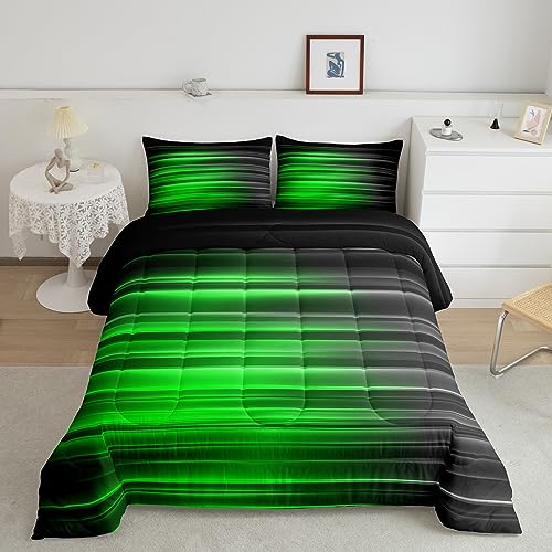 Image of Feelyou Ombre Gradient Lines Bedding Set King Size, Green and Grey Comforter Kids Toddler Geometric Abstract Ombre Comforter Set Stripes Duvet Set Kids Room Decor Microfiber Bed Set