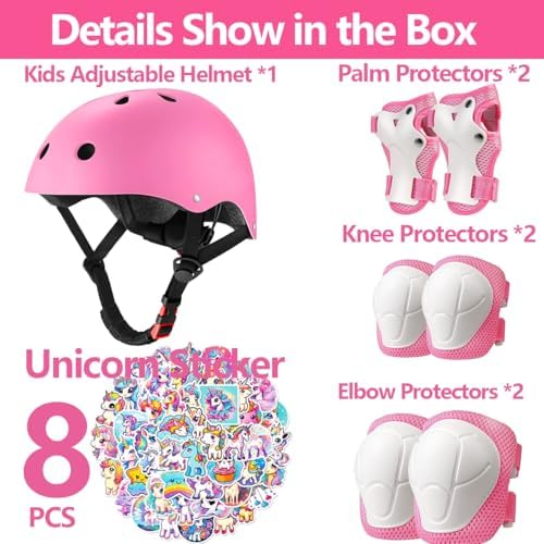 Kids Bike Helmet with Knee Elbow Wrist Pads Guards,Pink,for Ages 2-3-5-8-14,Sports Bicycle,Skate Scooter,Rollerblading with Unicorn Sticker