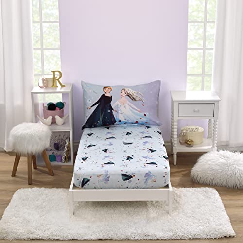 NoJo Disney Frozen Winter Cheer Lavender Aqua and White Anna Elsa and Olaf 2 Piece Toddler Sheet Set - Fitted Bottom Sheet and Reversible Pillowcase
