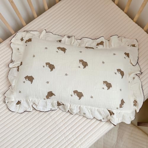 BuLuTu Cartoon Bear Muslin Pillowcase for Boys Girls Cute Animal Print Toddler Pillow Cases Soft Breathable Cotton Crib Cradle Pillow Cover for Kids Nursery Bedding,1 Piece, 14"x20" Bee & Be
