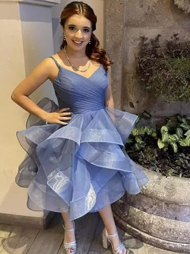 Tulle Short Prom Dress 2025 for Women Glitter Spaghetti Straps Homecoming Dresses Tiered Puffy Cocktail Party Gowns HC0014