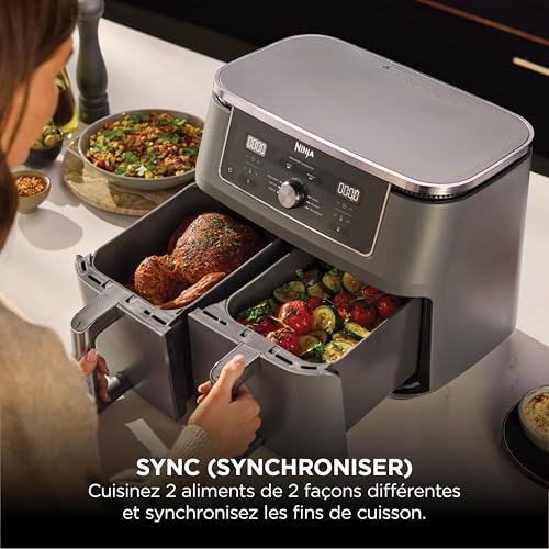 Ninja Air Fryer Dual Zone MAX numérique, Friteuse à air chaud grande capacité, 9,5 L, Sans huile, Air Fry, Croustillant max, Cuire au four, Rôtir, Déshydrater, Réchauffer, Stone/or, DZ400EUSTGD