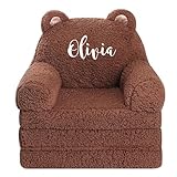 AHA Studios Cozy Personalized Plush Sherpa Teddy Bear Chair| Add Name| BearBaby Toddler Pull Out Chair| 1st Birthday Gift 20 x 18 x 18 in, Brown| Teddy Bear Decor