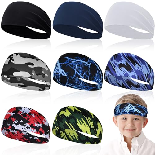 8 Pcs Sports Headbands for Boys,Breathable Kids Sweatbands with Non Slip Elastic,Comfortable Sports Kids Headbands for Baseball Soccer Basketball