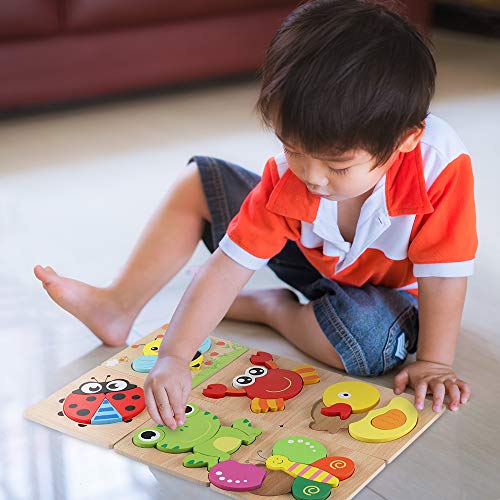 Wooden Puzzles for Toddlers - Educational Playset in Animal Pattern Shapes with Vibrant Colors, Set of 6 Brain Building Peg Puzzles for Boys and Girls with Drawstring Storage Bag