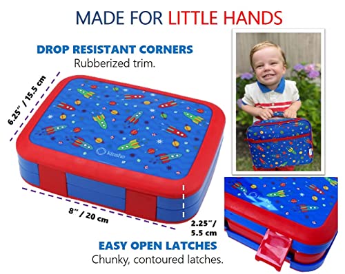 Image of kinsho Bento Lunch Box, Water Bottle, Ice Pack Set For Kids Toddlers, 5 Portion Sections, Removable Plastic Tray, Small Pre School Daycare Lunches, Snack Container, Blue Red Space Rocket