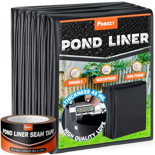 PAMAZY 45 Mil LDPE Pond Liner with Seam Tape 19.7 * 26.2 FT Pond Lining for Fish Pond Performed Garden Ponds Large Pond Liner for Fishpond Koi Pond Waterfall Streams