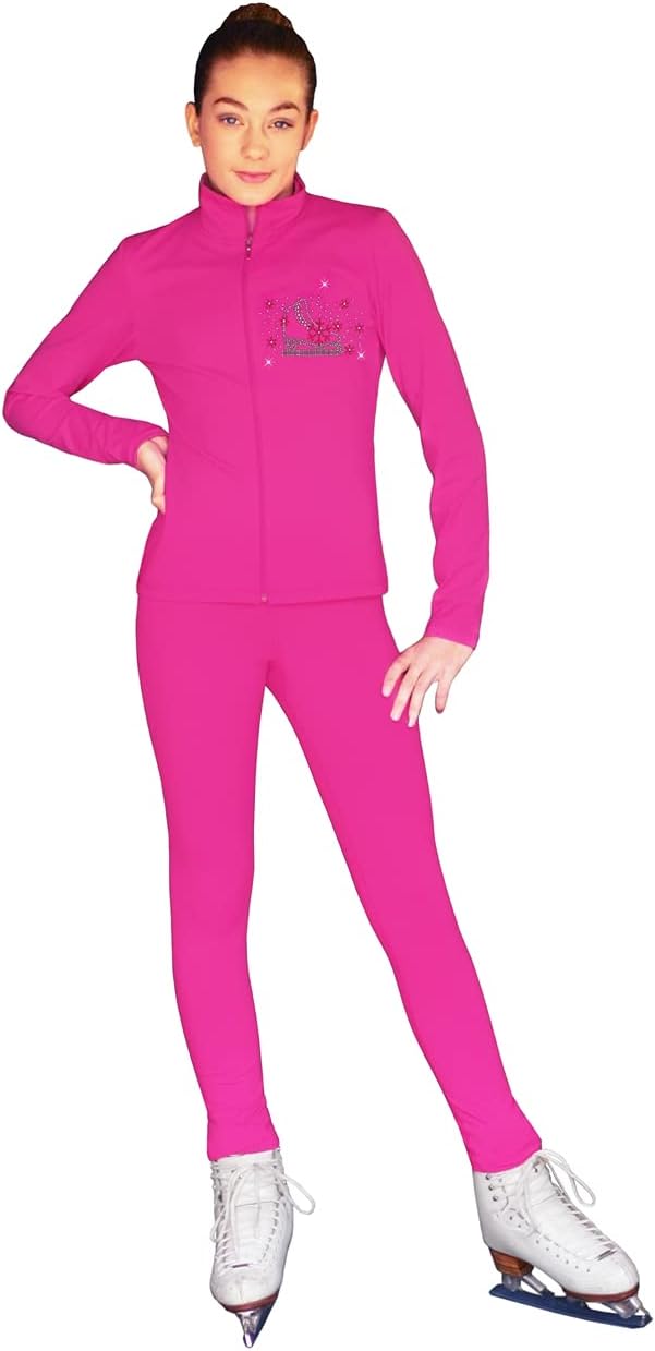 ChloeNoel JT811 Solid Fleece Fitted Elite Figure Skating Jacket w/Skate/Fuchsia Snowflakes Crystals Combination