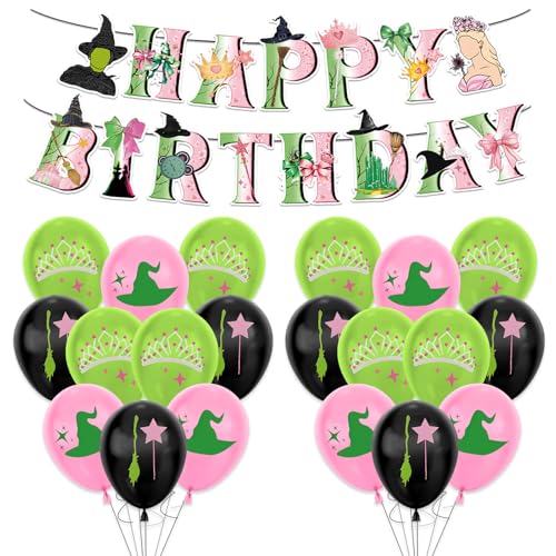 19Pcs Cute Witch Birthday Decorations 1Pcs Happy Birthday Banner and 18Pcs Balloons Pink&Green Party Latex Balloons For Kids Girls Party Decoration Supplies