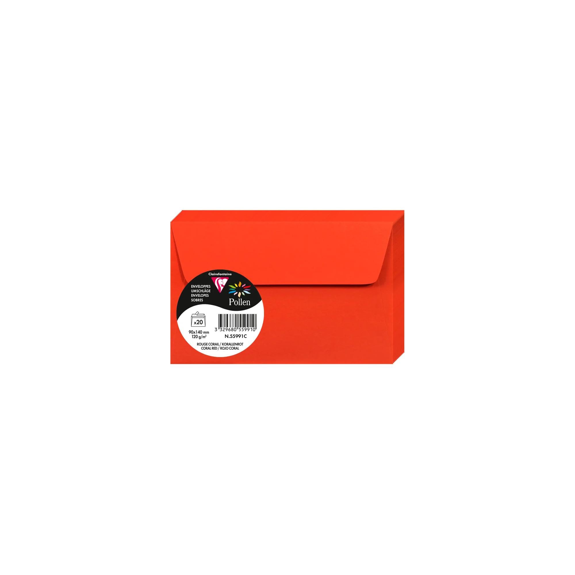 Clairefontaine 55991C Pack of 20 Self-Adhesive Envelopes Format 9x14cm 120g/m² Coral Red Invitation Events Correspondence Pollen Range Premium Smooth Paper