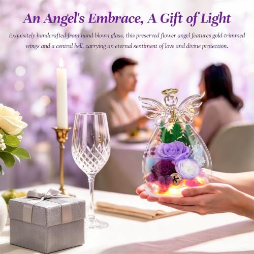 Image of encavy Birthday Gifts for Women,Fresh Flowers for Delivery,Preserved Rose Flowers in Angel Figurines,Light Up Purple Angel Real Rainbow Roses for Mom Grandma Wife Her Girlfriend Anniversary