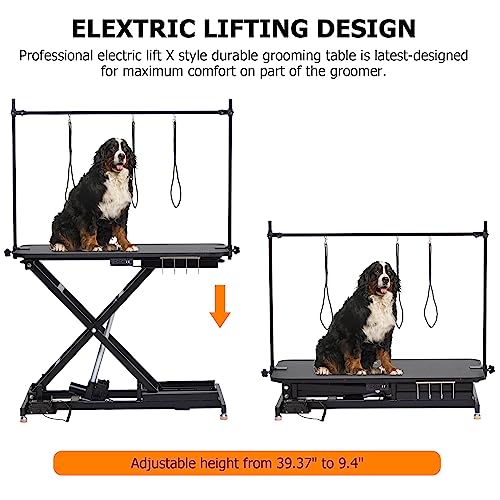 47" Electric Dog Grooming Table, Heavy Duty, Height Adjustable Professional Pet Grooming Table w/Leveling Wheels, Dog Grooming Arm, Anti Slip Tabletop & Tool Organizer/Dog Grooming Station, Black