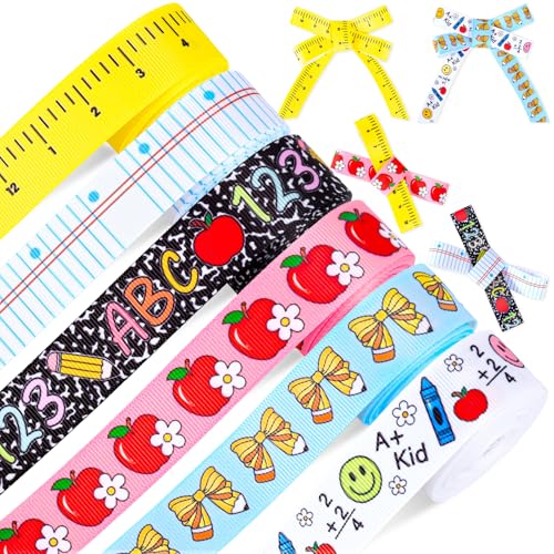 Image of Whaline 6 Rolls Back to School Grosgrain Ribbons 7 /8 inch 30 Yards Fabric Craft Ribbon Composition Notebook Ruler Pencil Bow Apples Ribbon for Wreath Bow Gift Wrap Party Decor